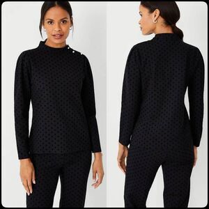 ANN TAYLOR Black Velvet Dot Crystal Shoulder Button Mock Neck Top Size: Medium